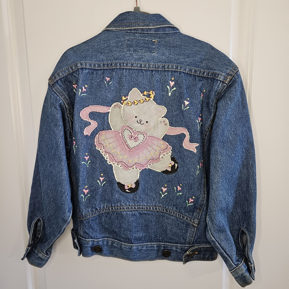 Girls French Toast Blue Denim Jacket with Bear and Pink Accents - 100 % Cotton